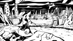Size: 4252x2364 | Tagged: safe, artist:lexx2dot0, oc, oc only, oc:blackjack, oc:dealer, pony, unicorn, zebra, fallout equestria, fallout equestria: project horizons, series:ph together we reread, black and white, clothes, fanfic art, grayscale, hoofington, horn, jumpsuit, monochrome, pipbuck, small horn, vault security armor, vault suit