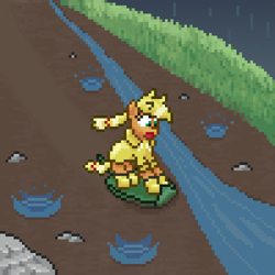 Size: 600x600 | Tagged: safe, artist:nitobit, part of a set, applejack, earth pony, pony, g4, appletini, female, grass, leaf, mare, micro, missing accessory, pebbles, pixel art, rain, rain boots, raincoat, scared, screaming, sliding, solo, water, wet, wet mane
