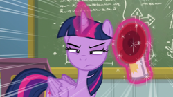 Size: 1280x720 | Tagged: safe, screencap, twilight sparkle, alicorn, pony, g4, my little pony: friendship is magic, top bolt, airhorn, chalkboard, female, magic, magic aura, mare, solo, telekinesis, twilight sparkle (alicorn), twilight sparkle is not amused, unamused