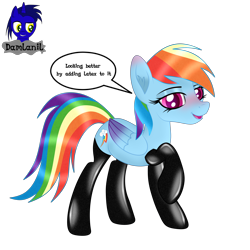 Size: 3840x3840 | Tagged: safe, artist:damlanil, rainbow dash, pegasus, pony, g4, blushing, clothes, comic, cute, eyeshadow, female, happy, high res, latex, latex socks, looking at you, makeup, mare, open mouth, raised hoof, shine, shiny mane, simple background, socks, solo, text, transparent background, vector, wings
