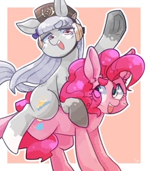 Size: 1301x1501 | Tagged: safe, artist:temmie-kun, pinkie pie, earth pony, pony, g4, anime, crossover, ear fluff, female, frog (hoof), gold ship, hat, horse riding a horse, mare, open mouth, ponies riding ponies, ponified, riding, uma musume pretty derby, underhoof