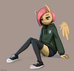 Size: 2100x2006 | Tagged: safe, artist:mrscroup, fluttershy, pegasus, anthro, g4, alternate hairstyle, attack on titan, clothes, converse, floating wings, gray background, high res, hoodie, pants, shoes, short hair, short mane, simple background, sneakers, solo, stockings, thigh highs, wings