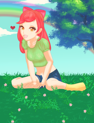 Size: 4000x5200 | Tagged: safe, artist:krissora, apple bloom, human, g4, clothes, heart, humanized, midriff, missing shoes, open fly, rainbow, short shirt, socks, solo, stocking feet, tree