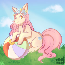 Size: 1280x1279 | Tagged: safe, artist:umine, oc, oc only, earth pony, pony, beach ball, commission, digital art, female, flower, flower in hair, hooves, looking at you, mare, one eye closed, solo, tail, thighs