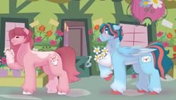 Size: 1280x732 | Tagged: safe, artist:itstechtock, oc, oc only, oc:love letter (itstechtock), oc:morning glory (itstechtock), earth pony, pegasus, pony, female, flower, male, mare, parent:lily valley, parent:rainy day, parent:roseluck, parent:whirlwind romance, stallion