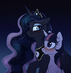 Size: 1280x1315 | Tagged: safe, artist:ghoasthead, princess luna, twilight sparkle, alicorn, pony, g4, blushing, ethereal mane, female, hug, lesbian, looking at each other, mare, ship:twiluna, shipping, smiling, starry mane, twilight sparkle (alicorn), winghug, wings