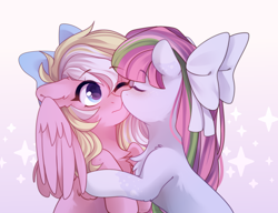 Size: 3000x2300 | Tagged: safe, artist:whiteliar, part of a set, oc, oc only, oc:bay breeze, oc:strawberry blush, earth pony, pegasus, pony, blushing, bow, chest fluff, coat markings, commission, cute, dappled, earth pony oc, eyes closed, female, hair bow, high res, kissing, lesbian, mare, nose kiss, not blossomforth, ocbetes, one eye closed, pegasus oc, shipping, simple background, smooch, socks (coat markings), wings, ych result