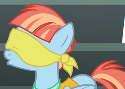 Size: 1024x731 | Tagged: safe, screencap, windy whistles, pegasus, pony, g4, parental glideance, blindfold, cropped, solo