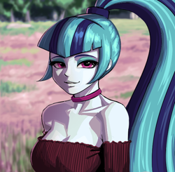 Size: 588x576 | Tagged: safe, artist:nairdags, sonata dusk, equestria girls, bare shoulders, beautiful, blue hair, blue skin, blurry background, breasts, bust, busty sonata dusk, choker, cleavage, eyelashes, eyeshadow, female, field, grass, grin, hair tie, lidded eyes, lips, looking at you, makeup, nature, outdoors, pink eyes, ponytail, portrait, scenery, smiling, smiling at you, solo, tree, two toned hair