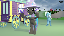 Size: 3413x1920 | Tagged: safe, artist:gradiusfanatic, trixie, oc, oc:andy, pony, unicorn, g4, 3d, angry, beach ball, bipedal, cape, clothes, duo, female, hat, male, source filmmaker, trixie is not amused, trixie's cape, trixie's hat, trixie's wagon, unamused, wagon