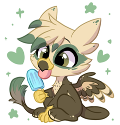 Size: 698x724 | Tagged: safe, artist:oofycolorful, part of a set, oc, oc only, oc:dillinger, griffon, chibi, commission, food, griffon oc, ice cream, popsicle, sea salt ice cream, solo, tongue out, ych result