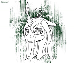 Size: 1024x870 | Tagged: safe, artist:kirasunnight, queen chrysalis, changeling, changeling queen, g4, abstract background, bust, crown, fangs, female, jewelry, lidded eyes, partial color, portrait, regalia, slit pupils, solo, teary eyes