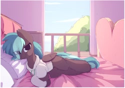 Size: 2178x1536 | Tagged: safe, artist:little-sketches, oc, oc only, oc:breeze packets, pegasus, pony, bed, clothes, female, hoodie, looking at you, lying down, lying on bed, mare, on bed, solo
