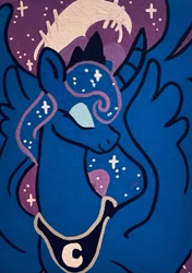 Size: 640x911 | Tagged: safe, artist:britebuck, part of a set, princess luna, alicorn, pony, g4, crescent moon, curved horn, ethereal mane, eyes closed, female, horn, jewelry, mare, moon, smiling, solo, starry mane, stars, tiara, traditional art, wings