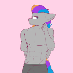 Size: 4000x4000 | Tagged: safe, artist:rainyvisualz, oc, oc only, oc:pixel codec, pegasus, anthro, abs, clothes, looking at you, male, partial nudity, solo, topless