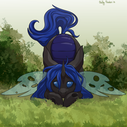 Size: 3500x3500 | Tagged: safe, artist:chillynachos, oc, oc:swift dawn, changeling, blue changeling, cute, detailed background, grass, high res
