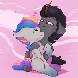 Size: 4000x4000 | Tagged: safe, artist:rainyvisualz, king sombra, oc, oc:pixel codec, pegasus, pony, unicorn, g4, canon x oc, cuddling, gay, gradient hooves, heart, male