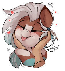 Size: 2226x2457 | Tagged: safe, artist:beardie, part of a set, oc, oc only, oc:faline, deer, deer pony, human, original species, beardies scritching ponies, blushing, commission, cute, disembodied hand, eyes closed, hand, high res, petting, simple background, solo focus, tongue out, transparent background, ych result