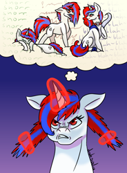 Size: 1030x1400 | Tagged: safe, artist:draksodia, oc, oc:snowi, pony, unicorn, angry, blue hair, fallout, female, horn, magic, magic aura, mare, red and blue, red eyes, red hair, sleeping, split personality, teeth, tentacles, voices in the head, white pony