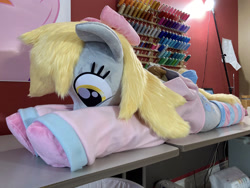 Size: 2688x2016 | Tagged: safe, artist:qtpony, derpy hooves, pegasus, pony, g4, clothes, high res, irl, lying down, photo, plushie, prone, shirt, solo