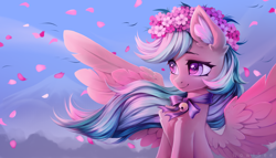 Size: 3500x2000 | Tagged: safe, artist:inowiseei, oc, oc only, oc:summer ray, pegasus, pony, bell, bust, cherry blossoms, commission, cute, ear fluff, female, floral head wreath, flower, flower blossom, high res, leaves, mare, portrait, solo, spread wings, windswept mane, wings