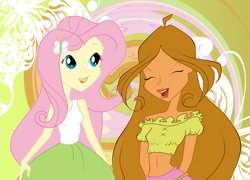 Size: 2888x2076 | Tagged: safe, artist:azuraxp, fluttershy, human, equestria girls, g4, chat, chatting, clothes, crossover, duo, duo female, eyes closed, female, flora (winx club), hairpin, hands behind back, high res, open mouth, open smile, smiling, winx club