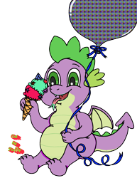 Size: 2250x2915 | Tagged: safe, artist:puffydearlysmith, spike, dragon, g4, balloon, chubby, fangs, food, happy, high res, ice cream, ice cream cone, male, open mouth, simple background, tongue out, transparent background, winged spike, wings