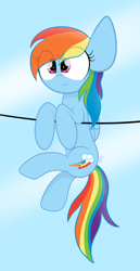 Size: 1050x2029 | Tagged: safe, artist:sugarcloud12, rainbow dash, pegasus, pony, g4, backwards cutie mark, eye clipping through hair, female, mare, sky, smiling, solo, wires