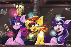 Size: 4200x2800 | Tagged: safe, artist:its_sunsetdraws, owlowiscious, starlight glimmer, sunset shimmer, twilight sparkle, alicorn, bird, owl, pony, unicorn, g4, cafe, cheek fluff, confused, digital art, eyebrows, eyebrows visible through hair, falling leaves, fanart, female, food, glowing horn, high res, horn, leaves, magic, magic aura, male, mare, outdoors, sitting, telekinesis, twilight sparkle (alicorn)