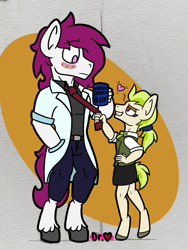 Size: 2238x2984 | Tagged: safe, artist:drheartdoodles, oc, oc only, oc:dr.heart, oc:golden keylime, clydesdale, anthro, digitigrade anthro, belt, blushing, clothes, doctor, female, hand on hip, heart, height difference, high res, larger male, male, mare, mug, multicolored mane, necktie, oc x oc, rolled up sleeves, shipping, size difference, smaller female, smiling, stallion, standing, straight