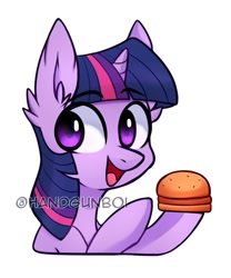 Size: 652x782 | Tagged: safe, artist:handgunboi, twilight sparkle, pony, unicorn, g4, burger, cute, ear fluff, eyebrows, eyebrows visible through hair, female, food, mare, open mouth, open smile, simple background, smiling, solo, twiabetes, twilight burgkle, unicorn twilight, white background