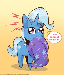 Size: 1101x1280 | Tagged: safe, artist:saturdaymorningproj, trixie, pony, robot, robot pony, unicorn, g4, :p, bot, clothes, cute, derp, diatrixes, eqdbot, gradient background, hat, mouth hold, nom, ponified, simple background, solo, speech bubble, tongue out, trixie's hat, yellow background