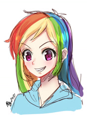 Size: 1024x1449 | Tagged: safe, artist:love2eategg, rainbow dash, human, g4, bust, female, humanized, portrait, rough sketch, simple background, sketch, solo, white background