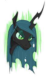 Size: 335x554 | Tagged: safe, artist:jargon scott, queen chrysalis, changeling, changeling queen, g4, bust, eyeshadow, fangs, female, lidded eyes, makeup, simple background, slit pupils, smiling, smirk, solo, white background