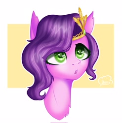 Size: 2023x2048 | Tagged: safe, artist:cloudberry_mess, pipp petals, pegasus, pony, g5, abstract background, adorapipp, bust, curious, cute, eye clipping through hair, female, high res, mare, open mouth, portrait, solo