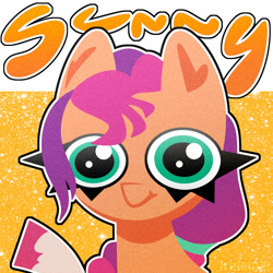 Size: 2000x2000 | Tagged: safe, artist:irinamar, sunny starscout, earth pony, pony, g5, abstract background, bust, coat markings, eyelashes, female, high res, looking at you, portrait, socks (coat markings), solo, text, unshorn fetlocks