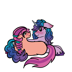 Size: 4096x4096 | Tagged: safe, artist:birbnerd17, izzy moonbow, sunny starscout, earth pony, pony, unicorn, g5, absurd resolution, blushing, braid, duo, duo female, eye clipping through hair, female, floppy ears, looking at each other, lying down, mare, prone, simple background, smiling, smiling at each other, transparent background, unshorn fetlocks