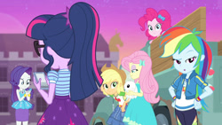 Size: 3410x1920 | Tagged: safe, screencap, angel bunny, applejack, fluttershy, pinkie pie, rainbow dash, rarity, sci-twi, twilight sparkle, rabbit, equestria girls, equestria girls specials, g4, my little pony equestria girls: better together, my little pony equestria girls: forgotten friendship, :o, animal, applejack's hat, belt, bracelet, cellphone, clothes, cowboy hat, cutie mark, cutie mark on clothes, denim skirt, female, geode of fauna, geode of shielding, geode of super speed, geode of super strength, glasses, hairpin, hat, high res, hoodie, humane five, humane six, jewelry, magical geodes, male, necklace, open mouth, phone, ponytail, rarity peplum dress, skirt, smartphone, smiling, sunset