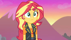 Size: 3410x1920 | Tagged: safe, screencap, sunset shimmer, equestria girls, equestria girls specials, g4, my little pony equestria girls: better together, my little pony equestria girls: forgotten friendship, clothes, cutie mark, cutie mark on clothes, female, geode of empathy, jacket, jewelry, leather, leather jacket, magical geodes, necklace, solo, sunset
