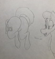 Size: 3023x3270 | Tagged: safe, artist:dynamo1940, dj pon-3, octavia melody, vinyl scratch, earth pony, pony, g4, butt, buttstuck, high res, lineart, monochrome, plot, stuck, traditional art, vinyl ass