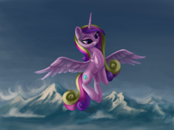 Size: 3000x2250 | Tagged: safe, artist:flusanix, princess cadance, alicorn, pony, g4, female, flying, grin, high res, mare, mountain, mountain range, smiling, solo