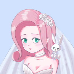Size: 2048x2048 | Tagged: safe, artist:pika pie, angel bunny, fluttershy, human, rabbit, g4, animal, breasts, bust, choker, cleavage, clothes, dress, duo, female, flower, flower in hair, frown, high res, humanized, male, marriage, simple background, unamused, wedding, wedding dress