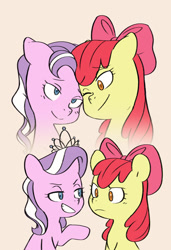 Size: 1280x1868 | Tagged: safe, artist:chub-wub, apple bloom, diamond tiara, earth pony, pony, apple bloom's bow, bow, diamondbloom, female, filly, grin, hair bow, lesbian, looking at each other, mare, older, older apple bloom, older diamond tiara, one eye closed, raised hoof, shipping, smiling, smug, wink