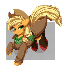 Size: 3109x3250 | Tagged: safe, artist:pridark, applejack, earth pony, pony, fanfic:dream-mix predawn, applejack's hat, boots, clothes, commission, cowboy hat, digital art, element of honesty, female, freckles, hat, high res, jacket, looking at you, mare, neckerchief, shoes, simple background, smiling, smiling at you, solo, transparent background
