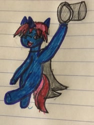 Size: 3024x4032 | Tagged: safe, artist:iyashi, oc, oc only, oc:belle boue, pony, unicorn, anatomically incorrect, blue pony, cape, clothes, colored sketch, incorrect leg anatomy, lined paper, looking at you, missing cutie mark, purple eyes, solo, traditional art, two toned mane, two toned tail, wrong coat color