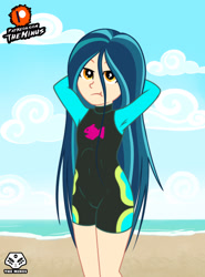 Size: 1920x2600 | Tagged: safe, artist:theminus, indigo zap, human, equestria girls, g4, :t, arm behind head, beach, clothes, clothes swap, fluttershy's wetsuit, long hair, show accurate, solo, swimsuit, swimsuit swap, wetsuit