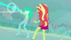 Size: 3410x1920 | Tagged: safe, screencap, sunset shimmer, wallflower blush, equestria girls, equestria girls specials, g4, my little pony equestria girls: better together, my little pony equestria girls: forgotten friendship, clothes, duo, duo female, female, memory stone, open mouth, shoes