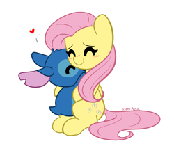 Size: 4180x3682 | Tagged: safe, artist:kittyrosie, fluttershy, pegasus, pony, g4, blushing, crossover, cute, duo, eyes closed, female, heart, high res, hug, lilo and stitch, male, mare, shyabetes, simple background, smiling, stitch, white background