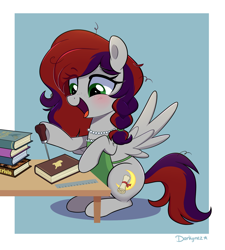 Size: 1800x2000 | Tagged: safe, artist:darkynez, oc, oc only, oc:evening prose, pegasus, pony, apron, blushing, book, clothes, freckles, jewelry, necklace, pearl necklace, table