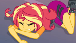 Size: 3410x1920 | Tagged: safe, screencap, sunset shimmer, equestria girls, equestria girls specials, g4, my little pony equestria girls: better together, my little pony equestria girls: forgotten friendship, clothes, eyes closed, female, jacket, leather, leather jacket, shoes, solo